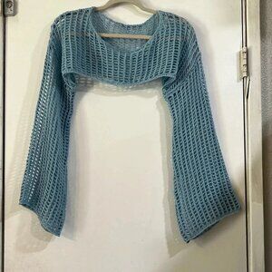 Boho Crochet Top Crop Swim Cover Up Edgy Blue Bell Sleeves Resort Bikini Rocker